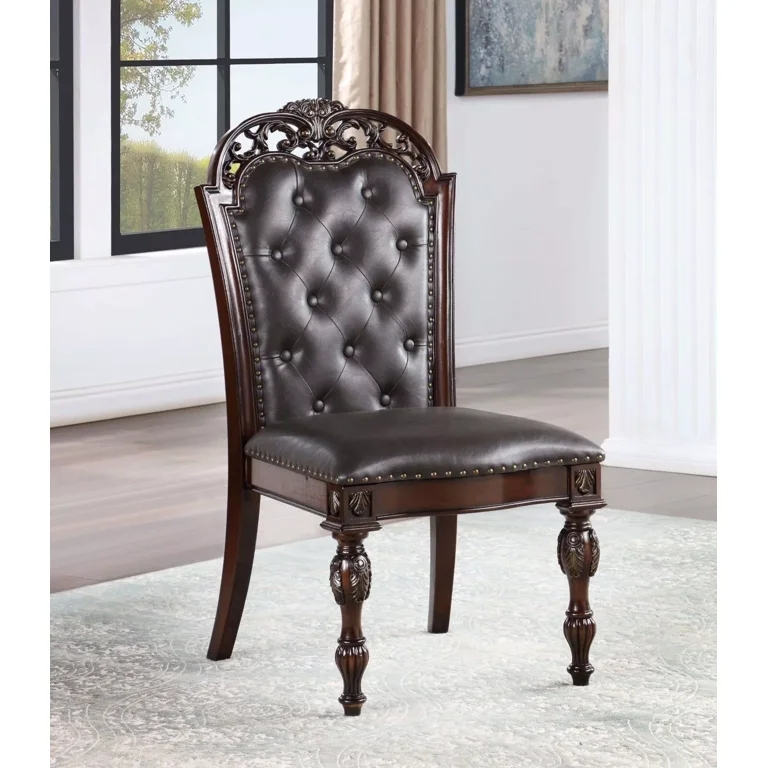 Traditional Dining Chairs Pair with Button Tufted Faux Leather