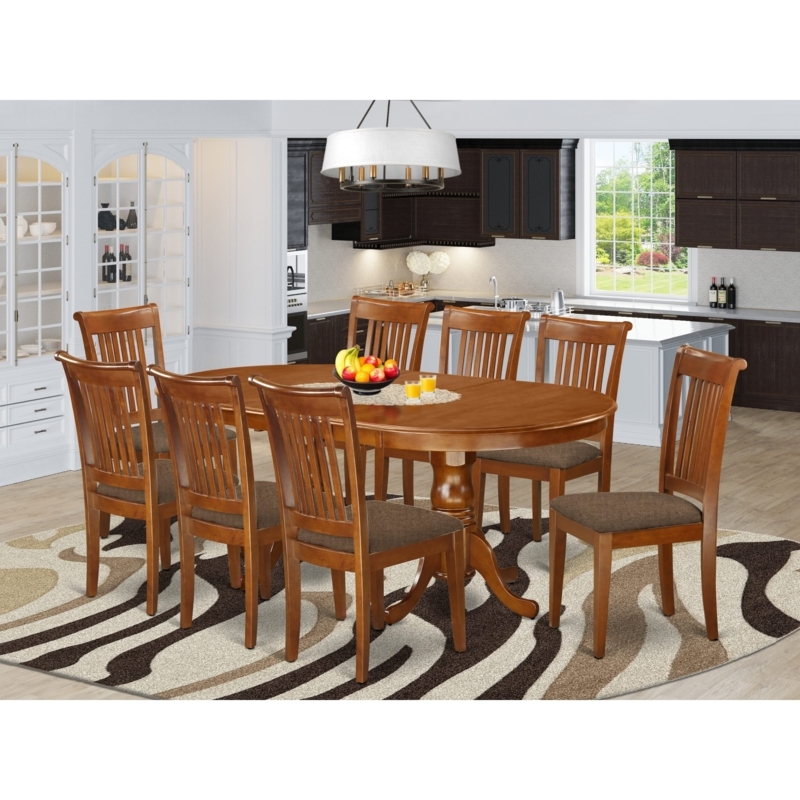 Traditional Dining Set Saddle Brown Oval Pedestal Table 8 Chairs