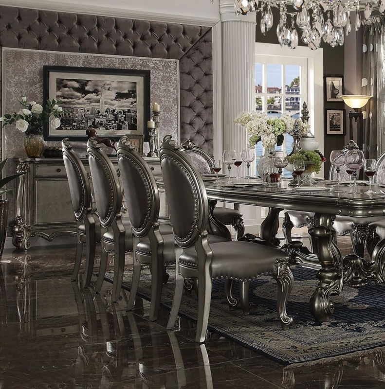 Traditional Dining Set with Glossy Finish and Scroll-Back Chairs