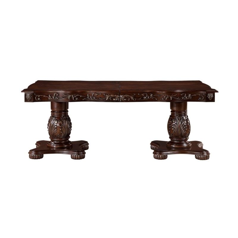 Traditional Dining Table Cherry Finish Gold Tipping Double Pedestal