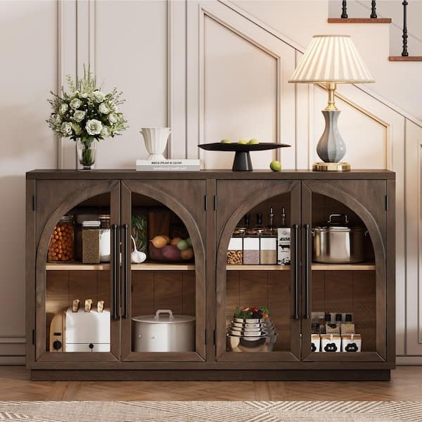 Traditional Sideboard Buffet with Arched Glass Doors and Gold Knobs