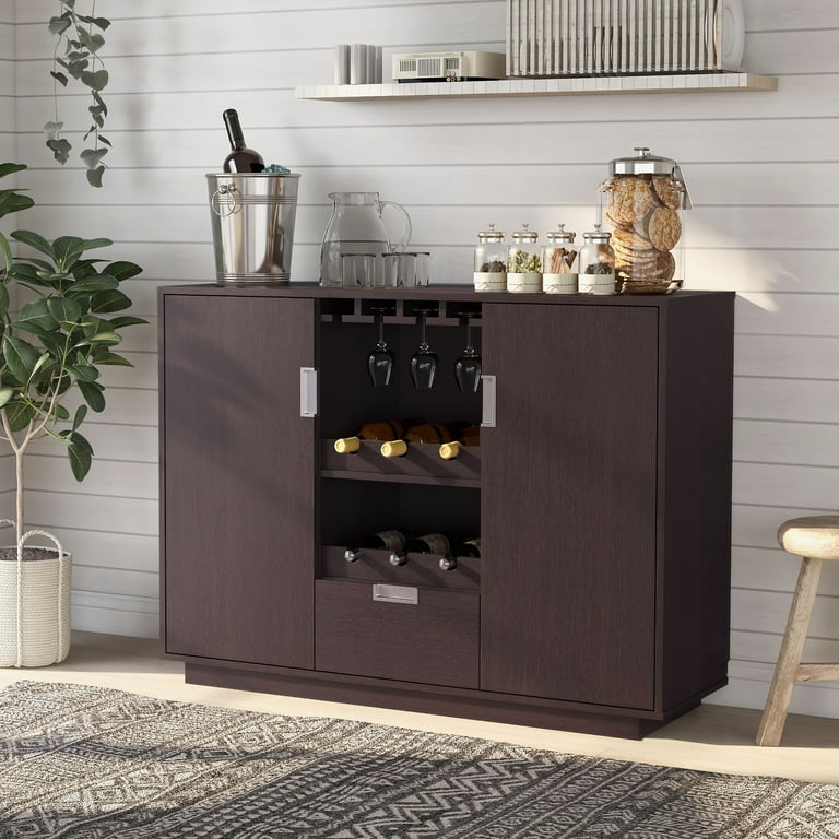 Traditional Sideboard Credenza Espresso Wood with Integrated Wine Rack