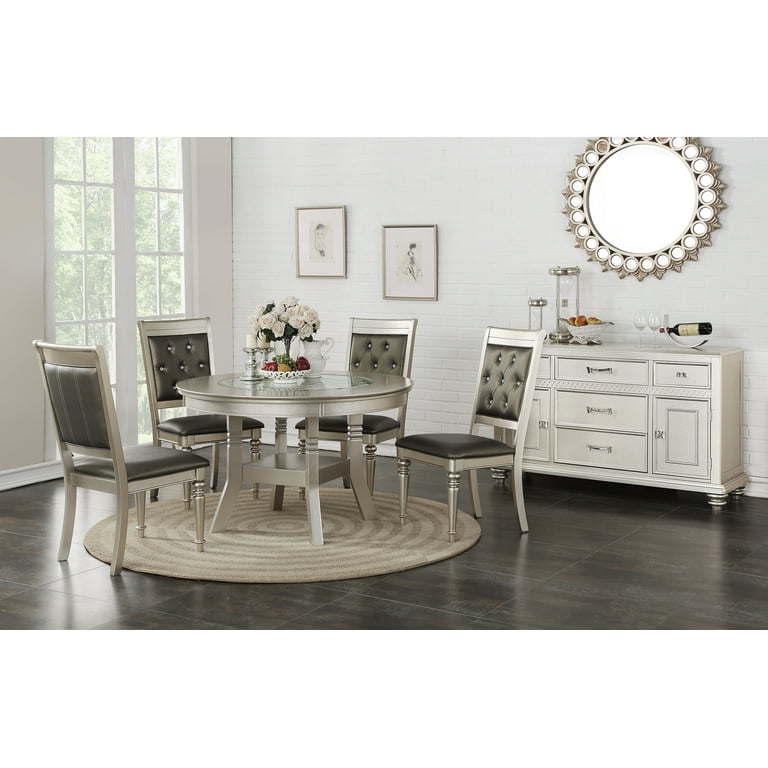 Traditional Silver Dining Room Set Round Pedestal Table Glass Center