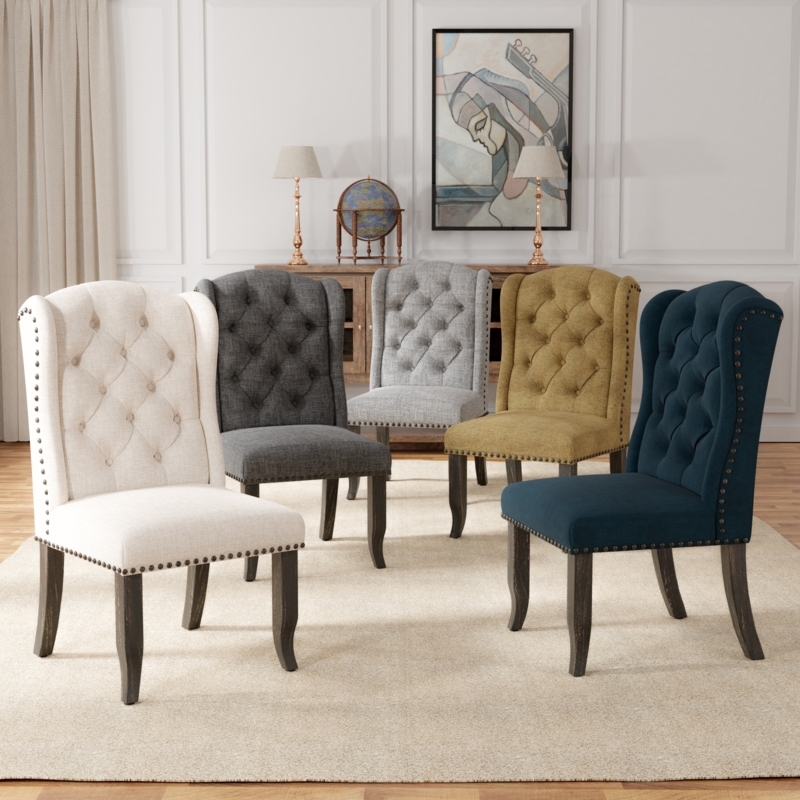 Traditional Wingback Dining Chairs Beige Tufted Nailhead Espresso Legs