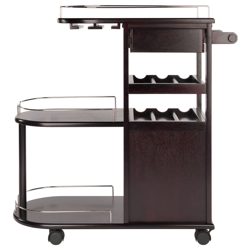 Transitional Bar Cart Espresso Wood Two-Tier Integrated Handles Mobile