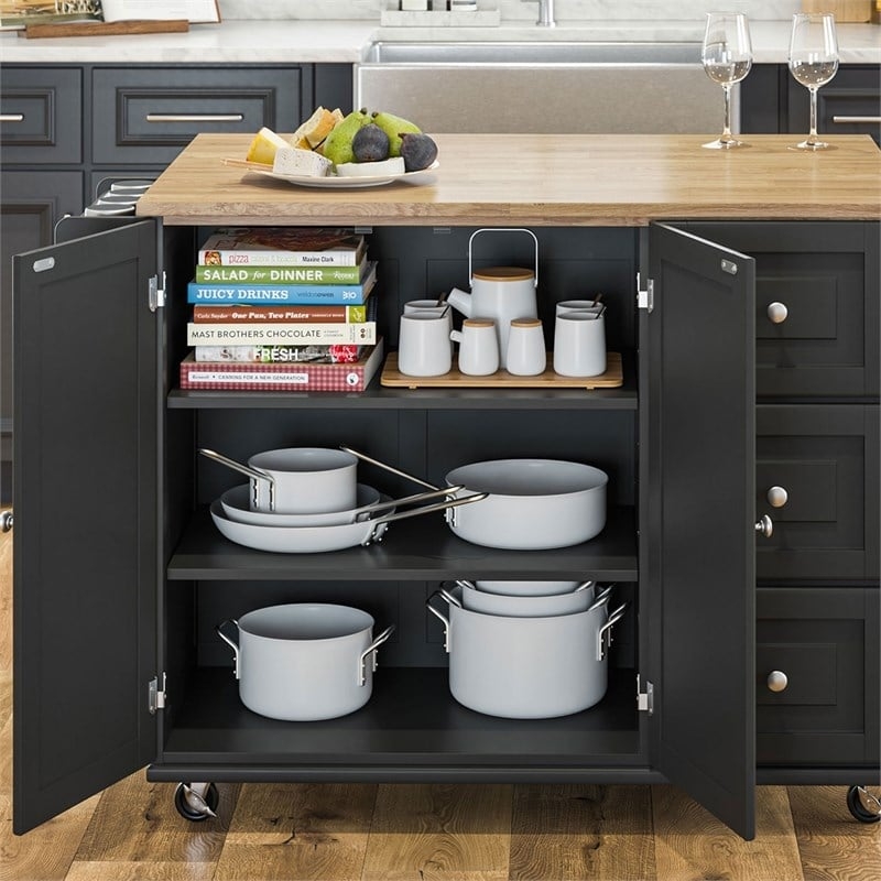 Transitional Black Kitchen Cart Drop Leaf Spice Rack Silver Hardware