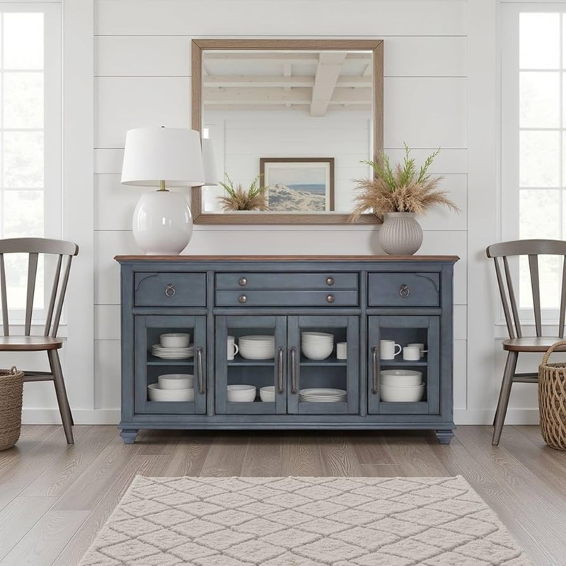Transitional Buffet Cabinet in Corduroy Blue with Lattice Glass Doors