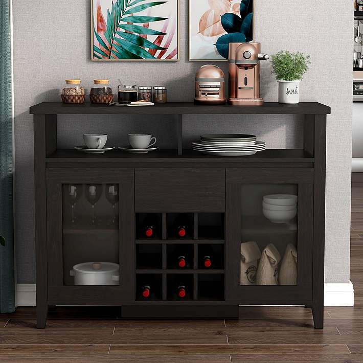 Transitional Buffet Table Dark Wood with Geometric Fretwork Doors