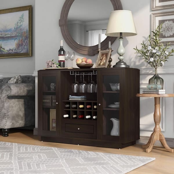 Transitional Buffet with X-Mullion Glass Doors and Wine Rack