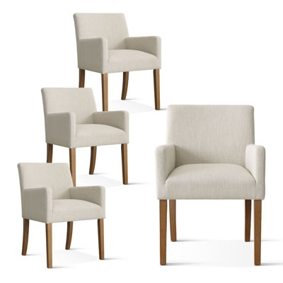 Transitional Dining Armchairs Set of Four Curved Wood Arms Beige Fabric