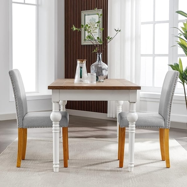 Transitional Dining Chair Beige Upholstery Arched Backrest Nailhead Trim