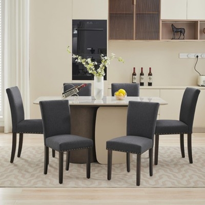 Transitional Dining Chairs Grey Upholstery Silver Nailhead Trim Dark Legs