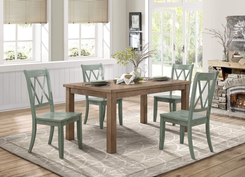 Transitional Dining Set, 5-Piece Round Wood Table, Teal Tufted Chairs