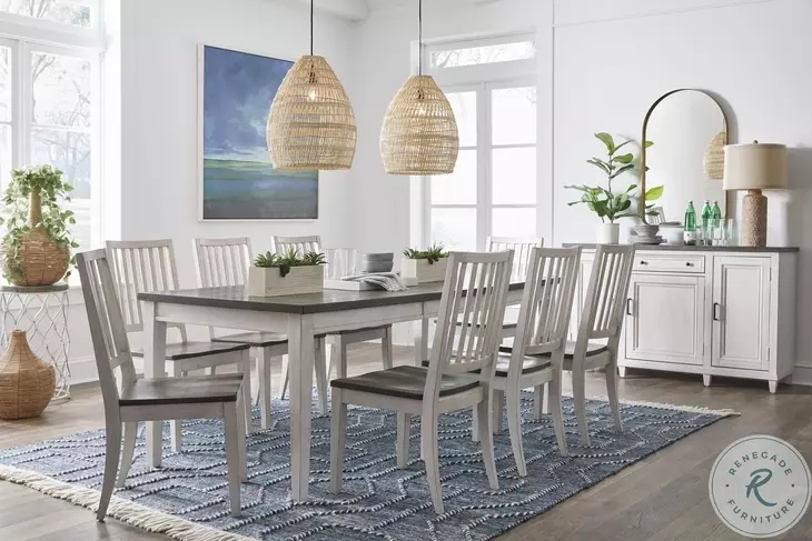 Transitional Dining Set: Aged Ivory Trestle Table & Upholstered Chairs