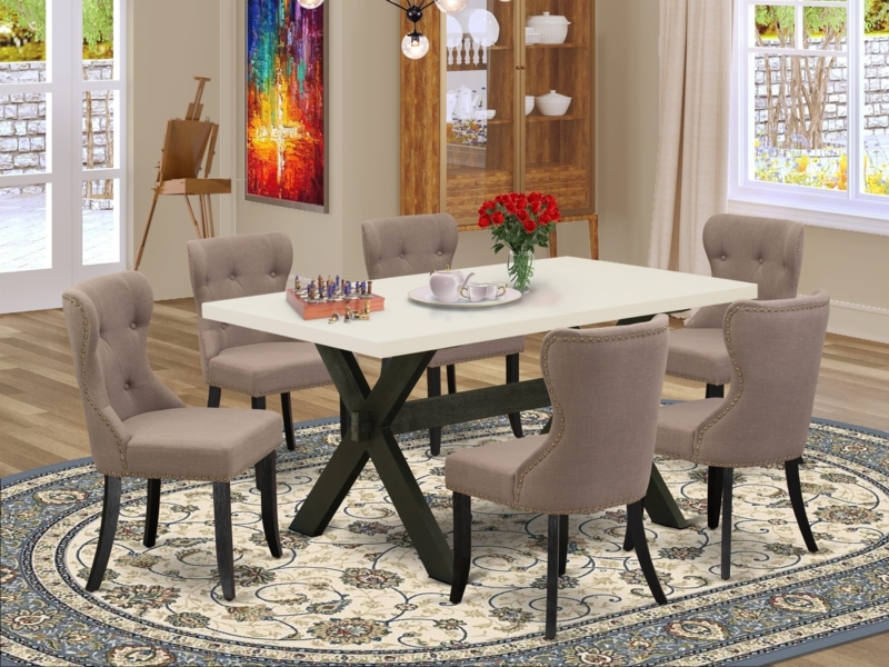 Transitional Dining Set Button Tufted Back Coffee Linen Fabric Chairs