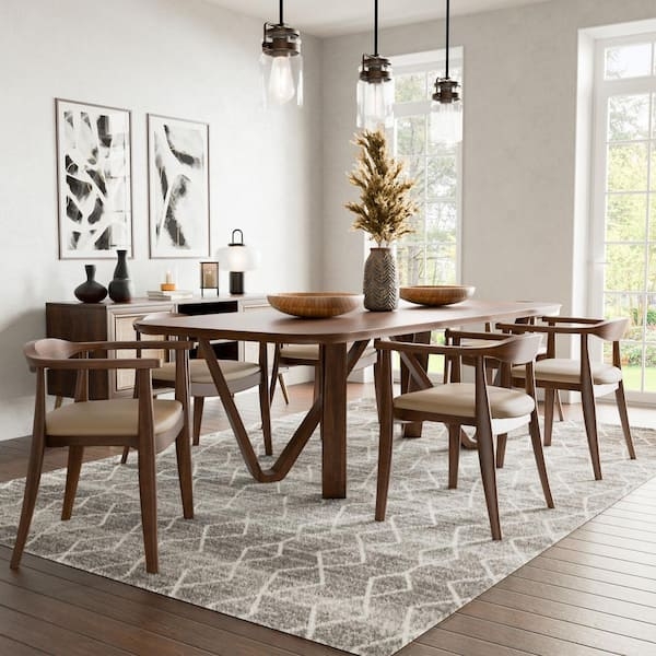 Transitional Dining Set Walnut Wood Slatted Back Chairs Black Seats