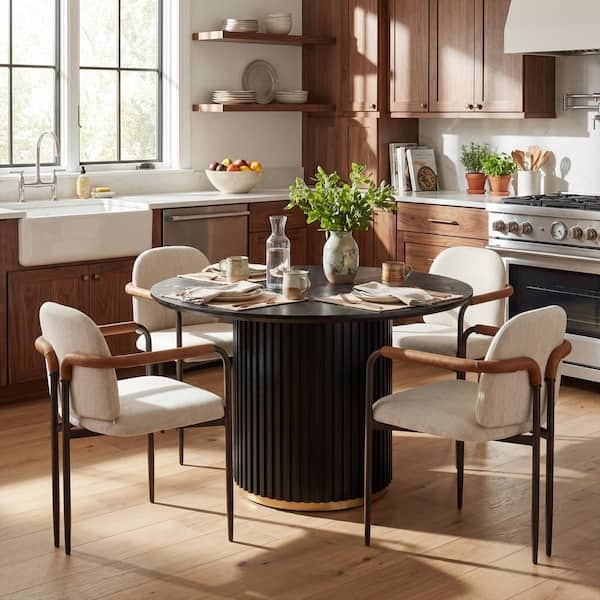 Transitional Dining Set with Beige Upholstered Chairs