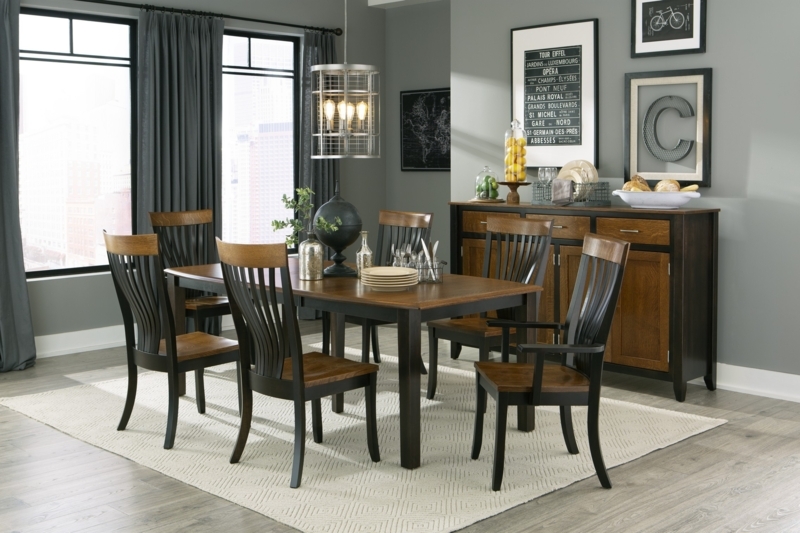 Transitional Dining Set with Boat-Shaped Table and Slat-Back Chairs