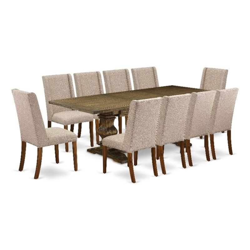 Transitional Dining Set with Jacobean Finish and Tan Parsons Chairs