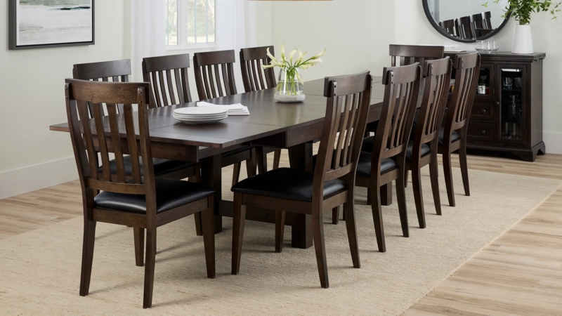 Transitional Dining Set with Nailhead Trim Chairs and Dark Wood Trestle