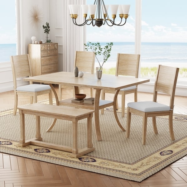 Transitional Dining Set with Storage Shelf and Ladder Back Chairs