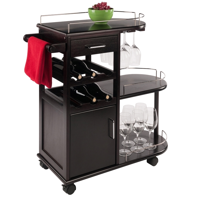 Transitional Espresso Bar Cart featuring Gallery Rails and Glass Rack