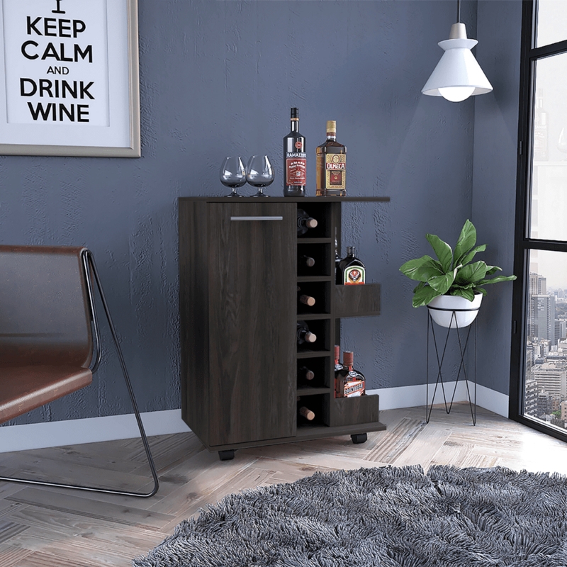 Transitional Espresso Bar Cart with Folding Door and Bottle Cubbies