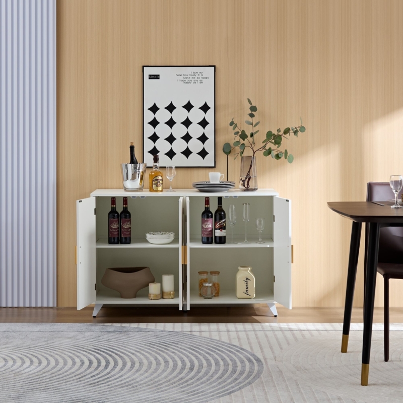 Transitional Four-Door Buffet with Gold Bar Pulls and Splayed Legs