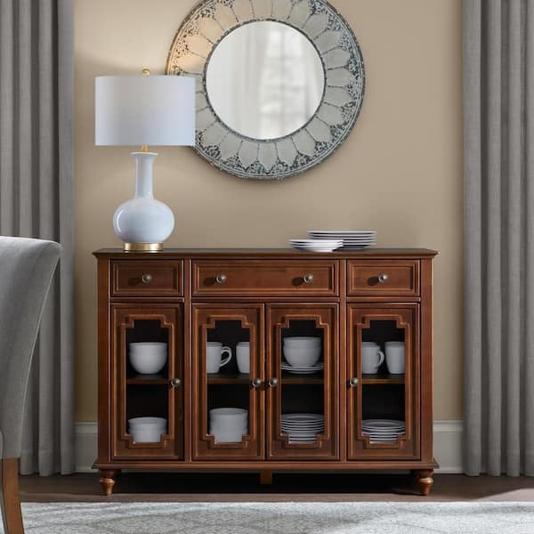 Transitional Glass Door Sideboard Styling, Dark Walnut Mullion Detail