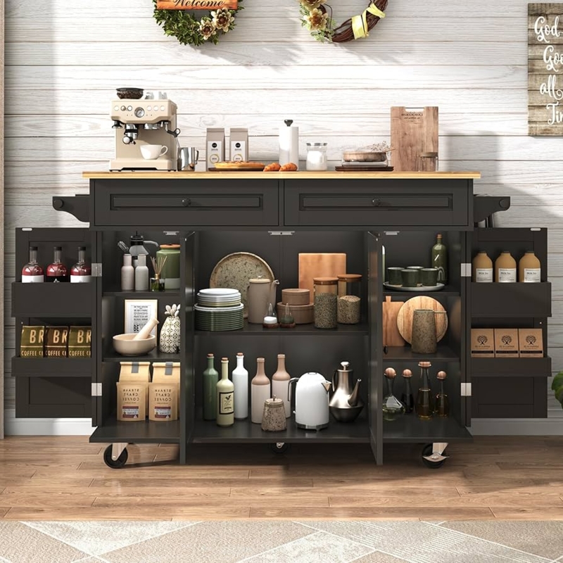 Transitional Kitchen Cart with Shaker Cabinets & Drop-Leaf Top