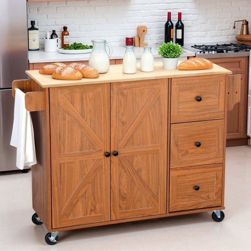 Transitional Kitchen Island Cart Espresso Natural Wood Top Casters