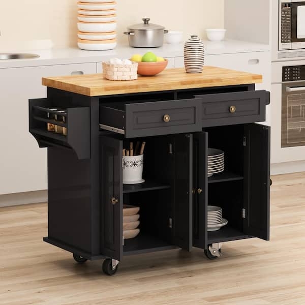 Transitional Kitchen Island Cart with Dual Side Racks and Wood Top