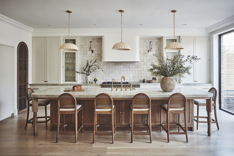 Transitional Kitchen with Charcoal Cabinets and Waterfall Island