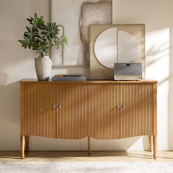 Transitional Light Oak Slatted Sideboard with Black Square Knobs