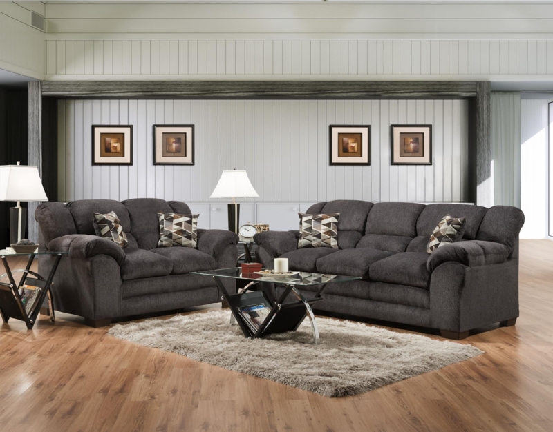 Transitional Living Room Set Track Arms Block Feet Charcoal