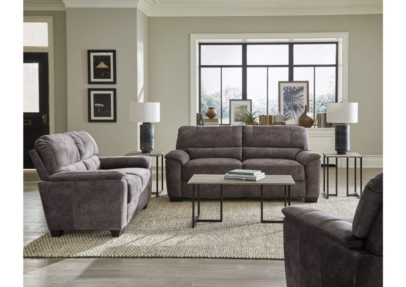 Transitional Loveseat in Charcoal Grey Fabric on Block Feet