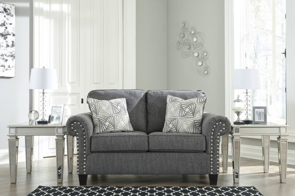 Transitional Loveseat Track Arms Tapered Legs Woven Charcoal