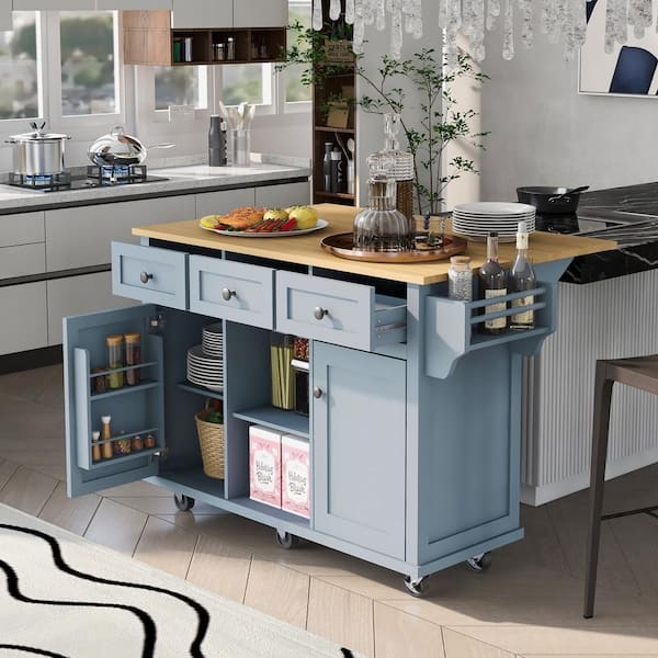 Transitional Navy Blue Kitchen Island with Drop Leaf and Silver Hardware