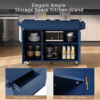 Transitional Navy Kitchen Island with Drop-Leaf and Spice Rack