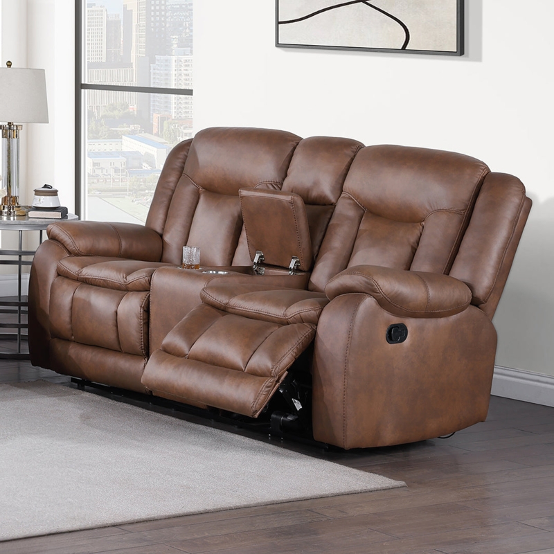 Transitional Reclining Loveseat with Console, Charcoal Stitching Detail