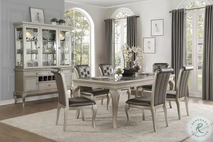 Transitional Rectangular Dining Table Metallic Finish Tapered Legs