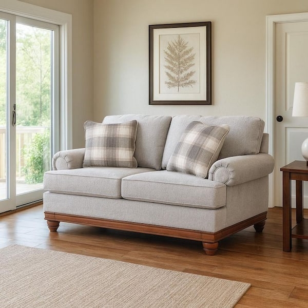 Transitional Rolled Arm Loveseat in Light Gray with Geometric Pillows