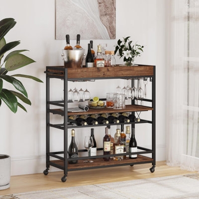 Transitional Rolling Bar Cart, Espresso, Horizontal Bottle Holder