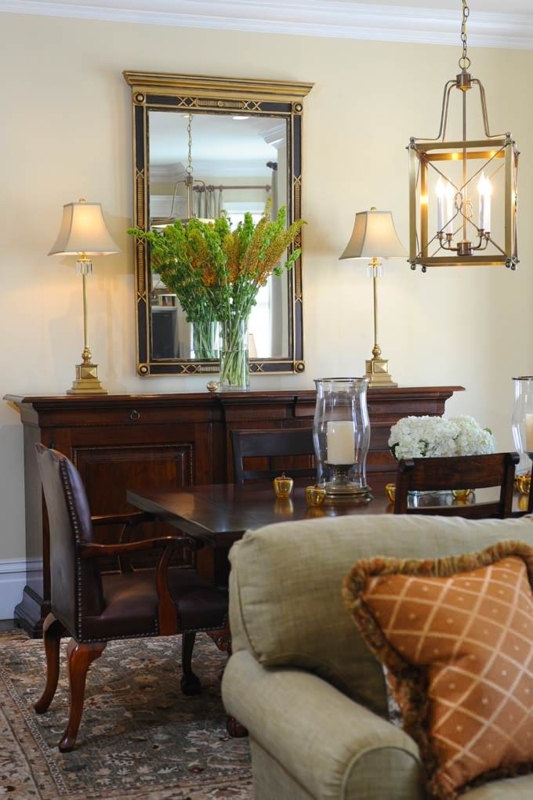 Transitional Sideboard Styled as Home Bar with Tray and Abstract Art