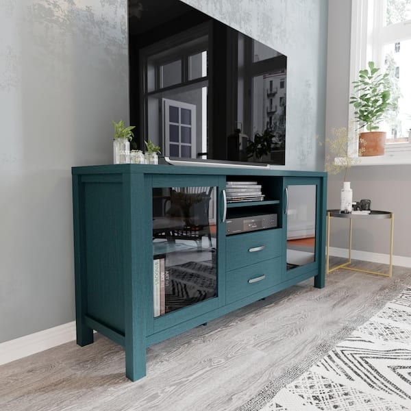 Transitional Teal Sideboard with Glass Front Doors