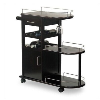 Transitional Three-Tier Bar Cart on Casters with Wine Storage