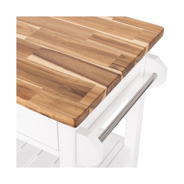 Transitional White Kitchen Cart, Slatted Tiers & Drawers