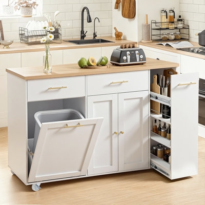 Transitional White Kitchen Cart With Butcher Block Top And Casters
