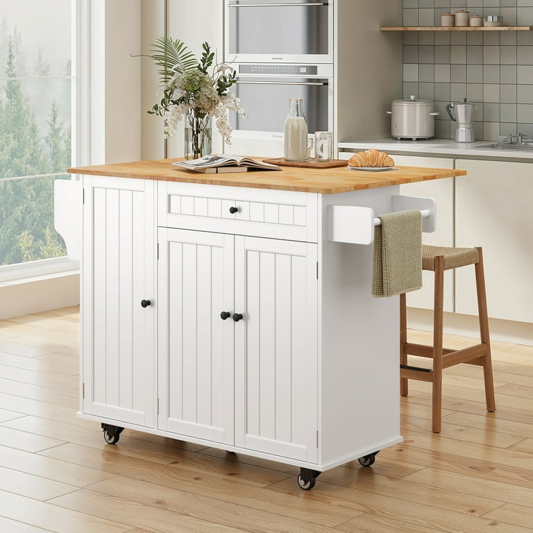 Transitional White Kitchen Island Cart with Open Shelving