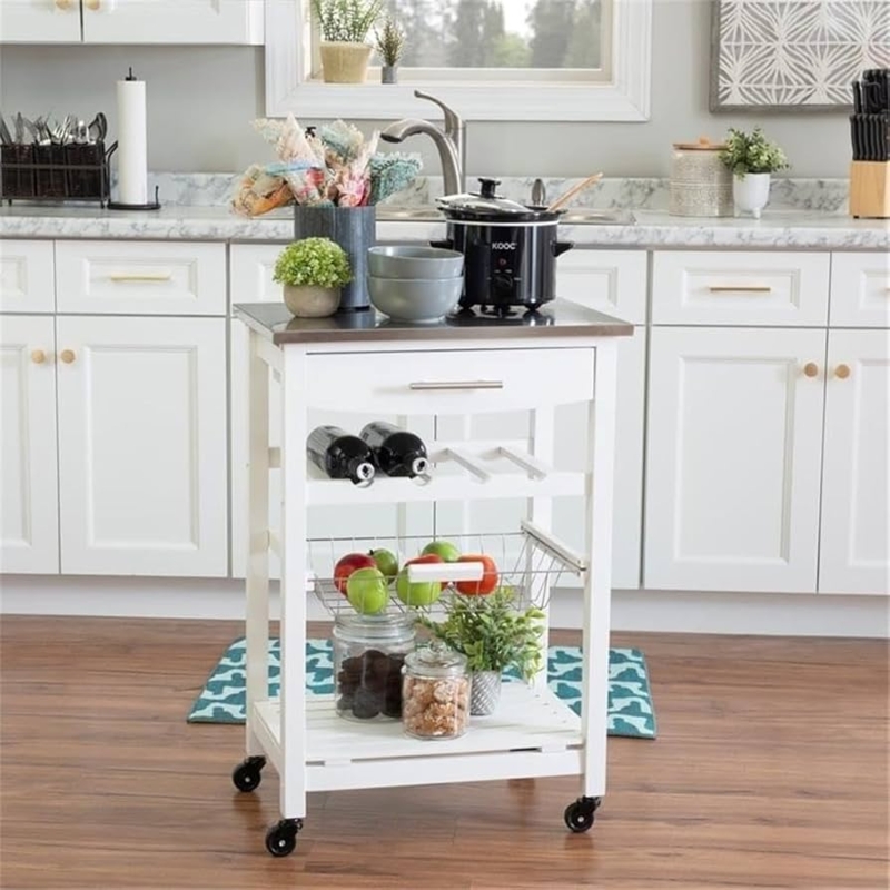 Transitional White Kitchen Island with Stainless Top and Shaker Doors